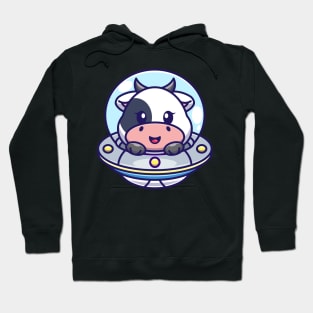 Cute cow flying with spaceship ufo cartoon Hoodie